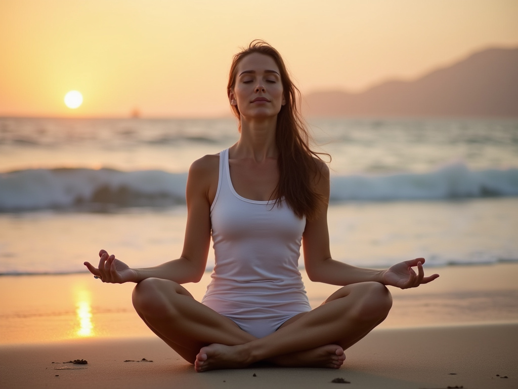 Intimate photo of a woman meditating, serene expression, lotus position, on a beach at sunset