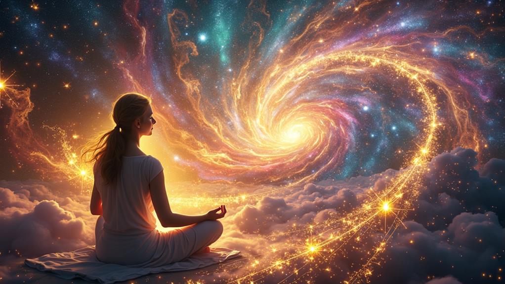 A person meditating among the clouds, facing a radiant spiral galaxy in a peaceful, ethereal cosmic setting.