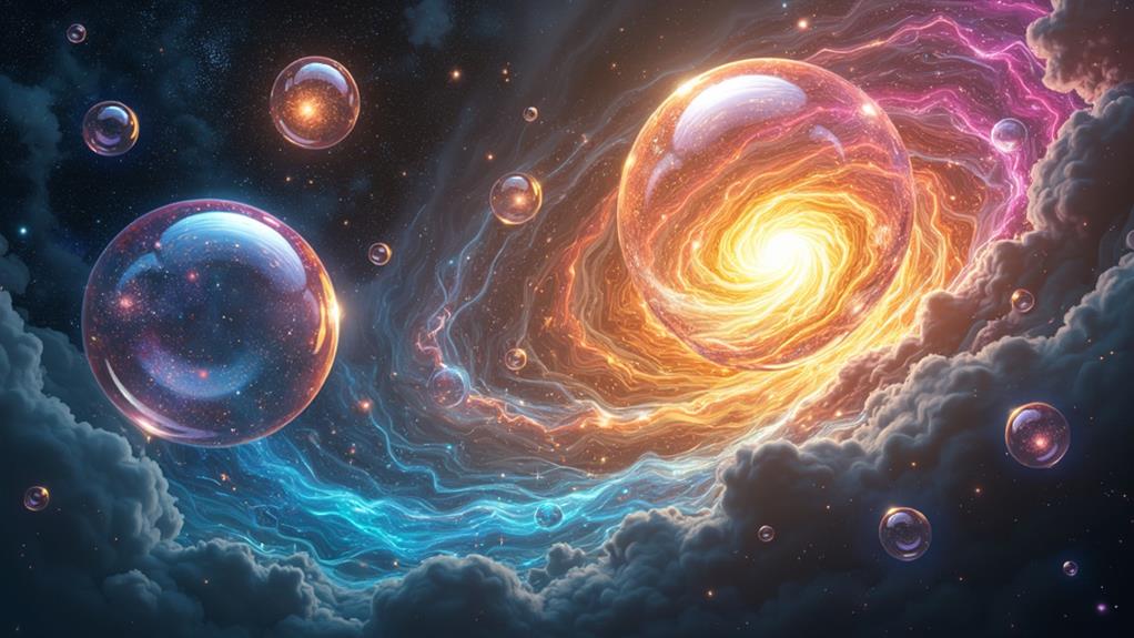 Large glowing spheres and bubbles floating in a colorful, energy-filled cosmic vortex.