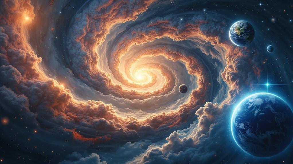 A vibrant spiral galaxy with swirling clouds and several Earth-like planets scattered throughout the scene.