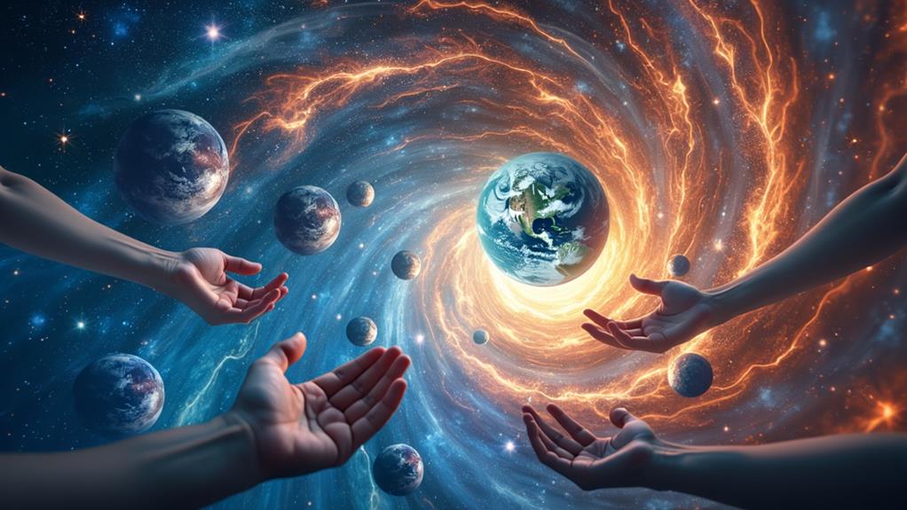 Hands reaching out towards a swirling cosmic scene with multiple planets and a central glowing Earth.