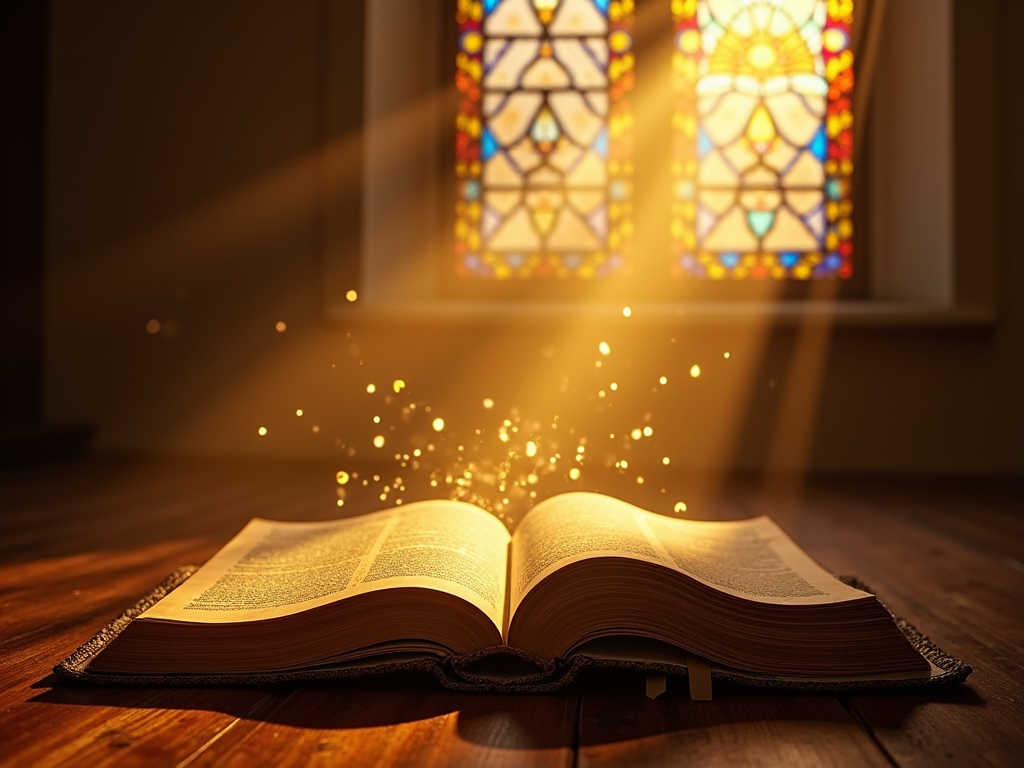 Magical Bible study session, golden light streaming through stained glass windows, ancient scrolls