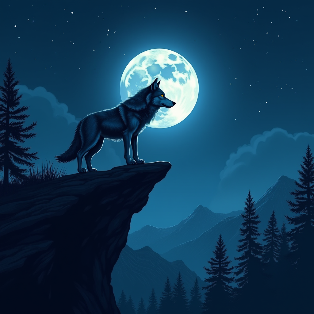 Majestic wolf standing on cliff edge, moonlit night, pine forest below, stars twinkling, wolf's eyes glowing with wisdom