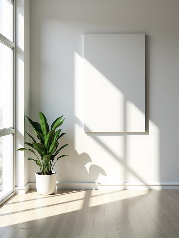 A bright and airy room with a potted plant and an empty frame on the wall, sunlight streaming in through the window.