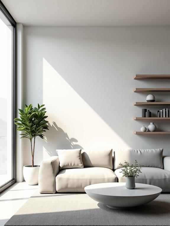 A modern living room with a white couch, potted plant, round coffee table, and wall shelves, bathed in natural light.