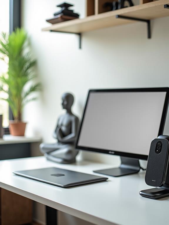 A home office with a computer on a desk, a potted plant, and a Buddha statue, with natural light coming from a window.