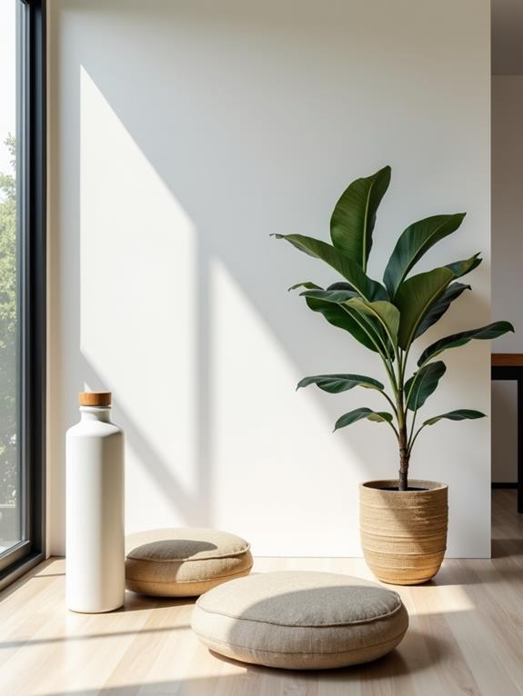 A peaceful room with a potted plant, cushions on the floor, and a large window letting in sunlight.