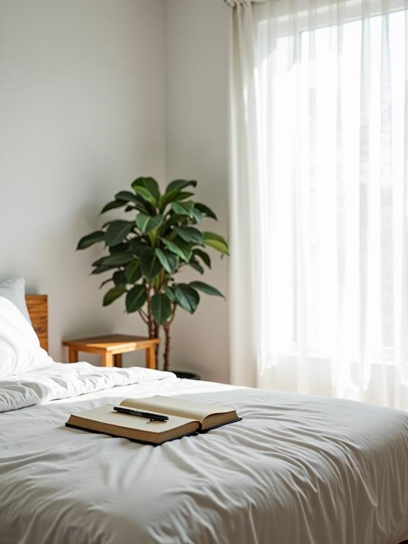 A serene bedroom with a potted plant, a bed, and an open notebook, with light filtering through white curtains.