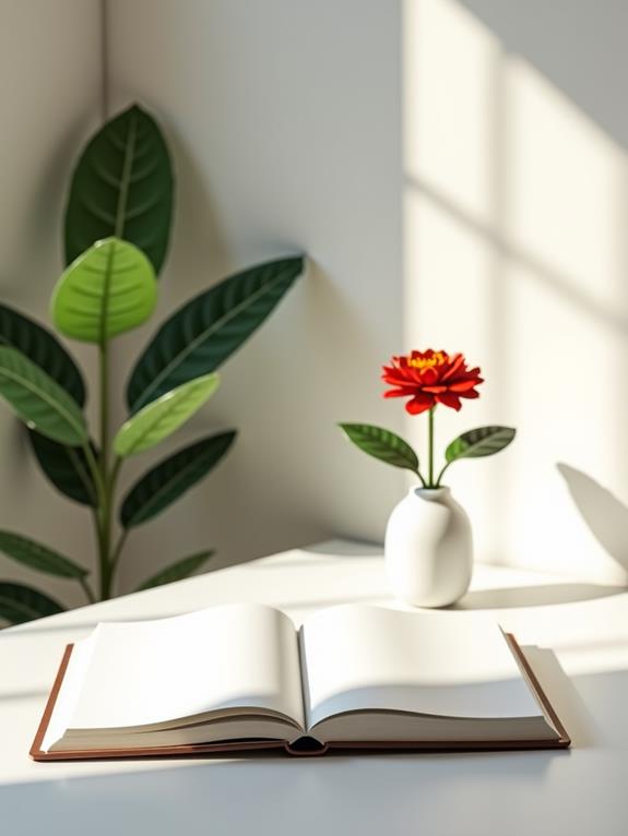 A bright and minimalist room with an open book, a red flower in a vase, and a potted plant, sunlight streaming in.