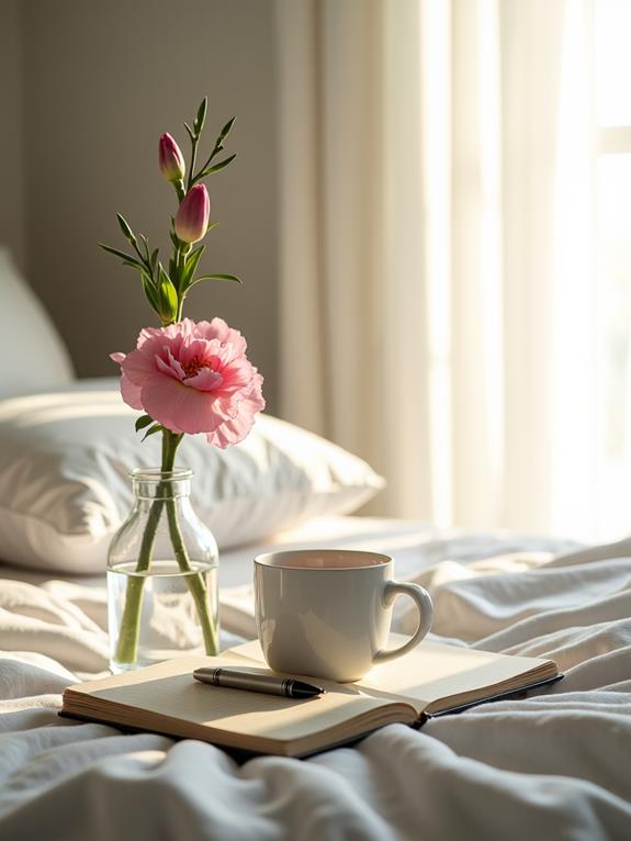 A cozy bedroom scene with a pink flower in a glass vase, a cup of coffee, and an open notebook on a bed.