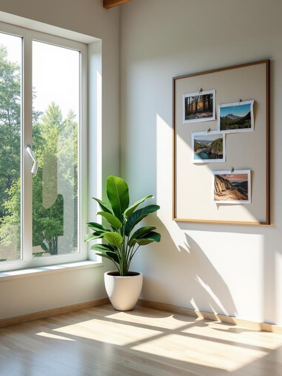 A bright room with a large window, a potted plant, and a bulletin board displaying photos on the wall.