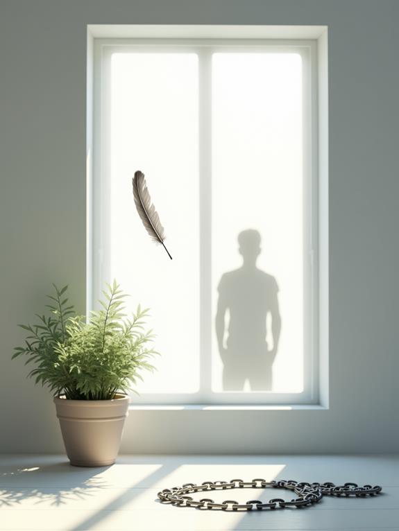 A minimalist room with a potted plant, a feather floating near a window, and a shadow of a person in the background.