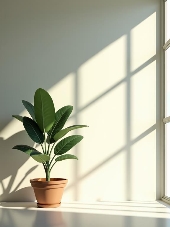 A simple room with a potted plant by a sunlit window, casting shadows on the wall.