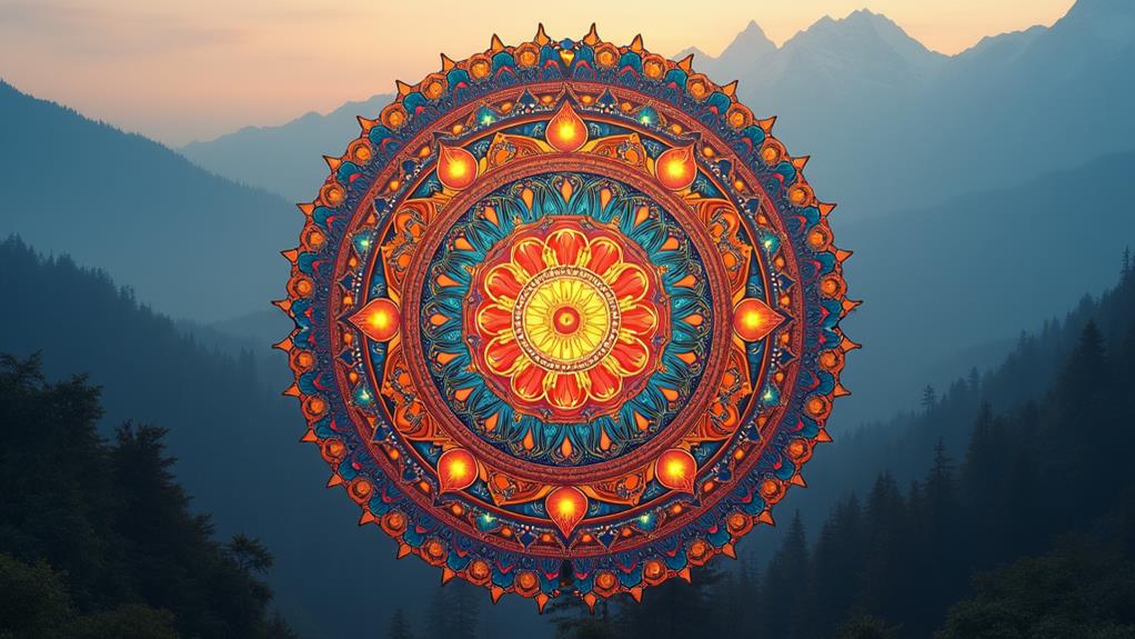 A colorful and intricate mandala design floating against a backdrop of foggy mountains, featuring vibrant blue, orange, and red hues.