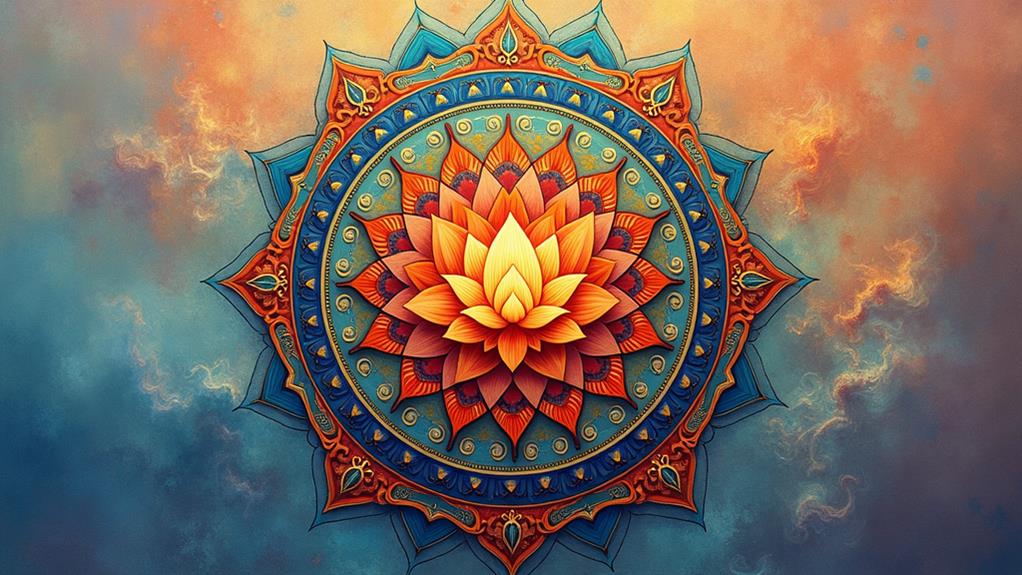 A vividly detailed mandala with a central lotus design, set against a gradient background of oranges and blues.