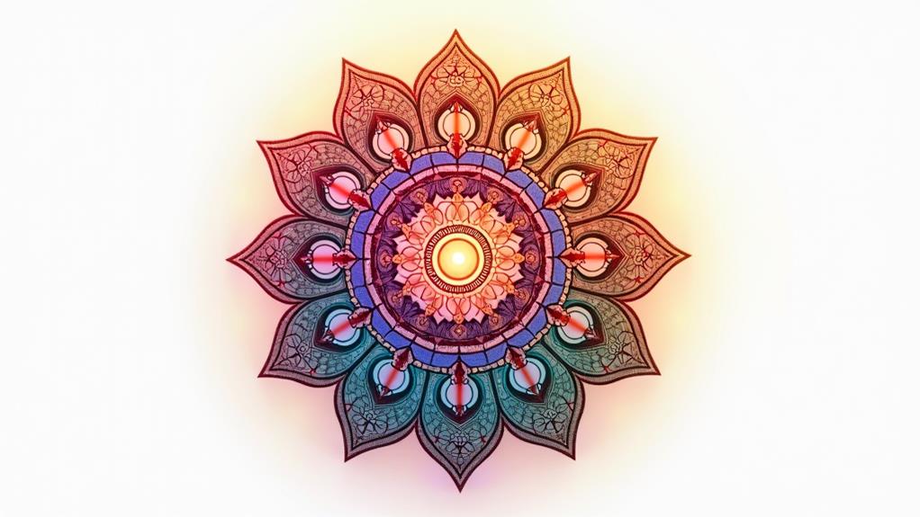 A symmetrical mandala featuring leaf-like patterns and warm colors, centered against a light background.