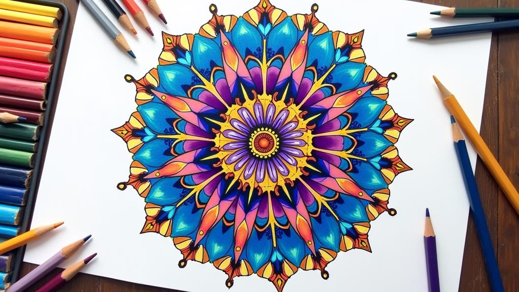 A richly colored and finely detailed mandala drawing surrounded by pencils, showcasing an artistic and creative setting.