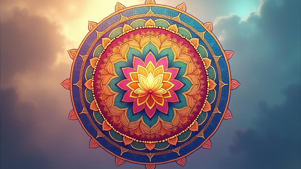 A detailed mandala with vibrant colors and patterns, set dynamically against dramatic cloud formations.