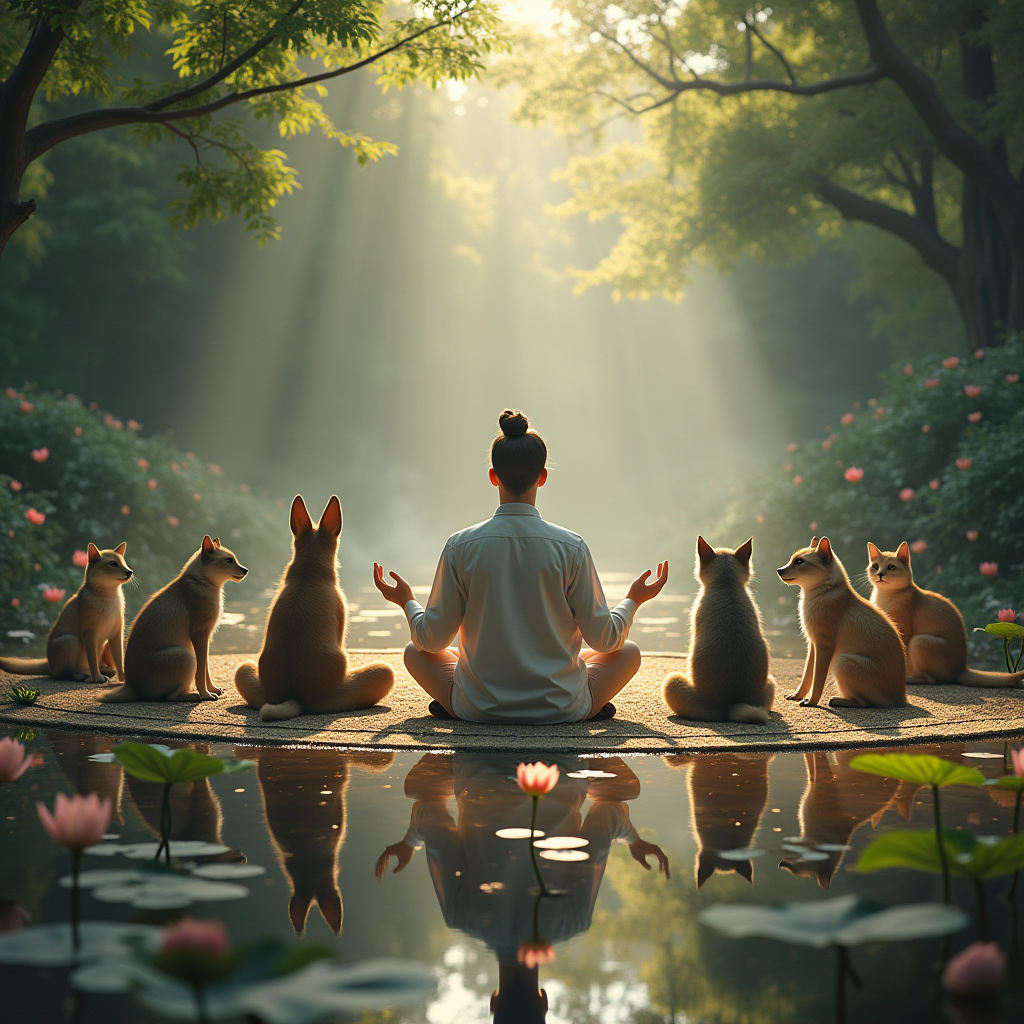 Meditation circle with various animals, zen garden setting, lotus flowers, incense smoke, people in lotus position surrounded by peaceful creatures