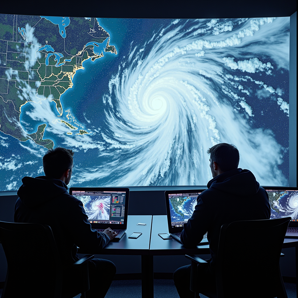 Meteorologists studying complex weather charts, satellites tracking cloud formations, as a snow system develops over a region