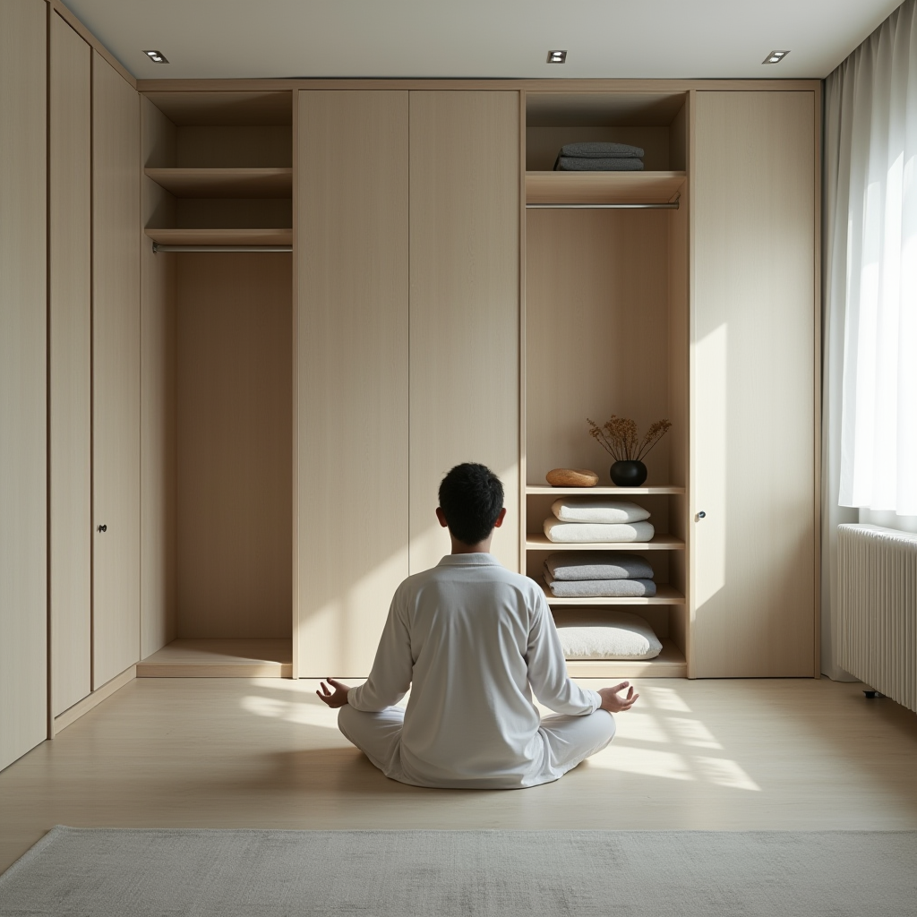 Minimalist lifestyle photo of a decluttered space, empty surfaces, organized closet, person meditating, zen-like pose