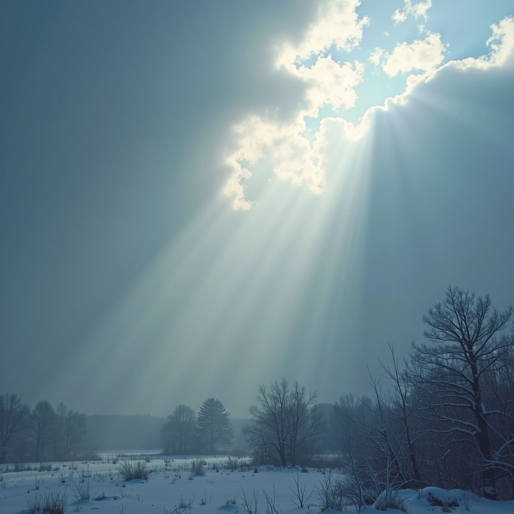 Misty clouds heavy with moisture, ice crystals forming in the atmosphere, temperature gauges dropping rapidly as a snow storm approaches