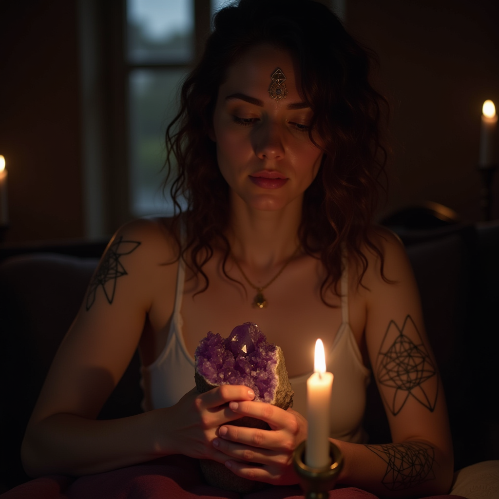 Mystical photo of a crystal healer, performing ritual, with amethyst and clear quartz