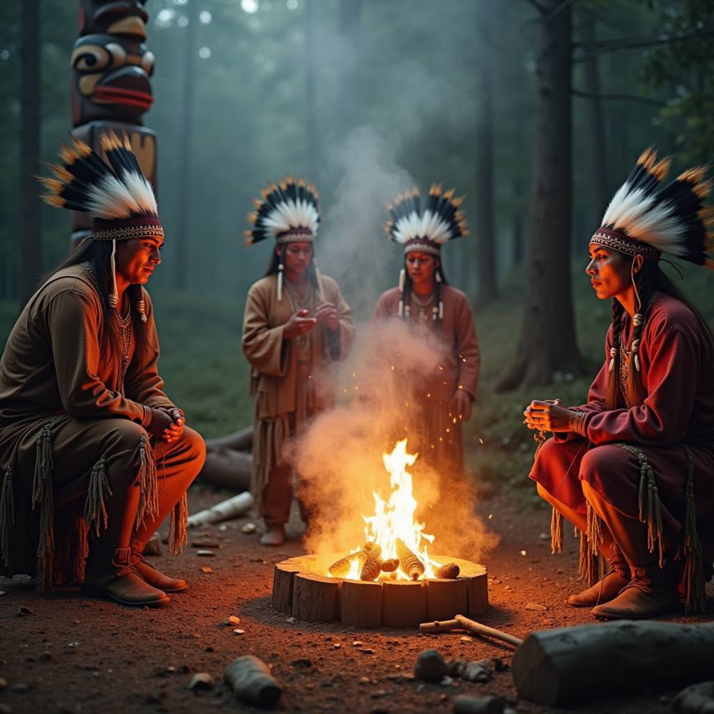 Native American vision quest, spirit animals emerging from smoke, sweat lodge ceremony, sacred pipe, dreamcatcher spinning, totem pole watching