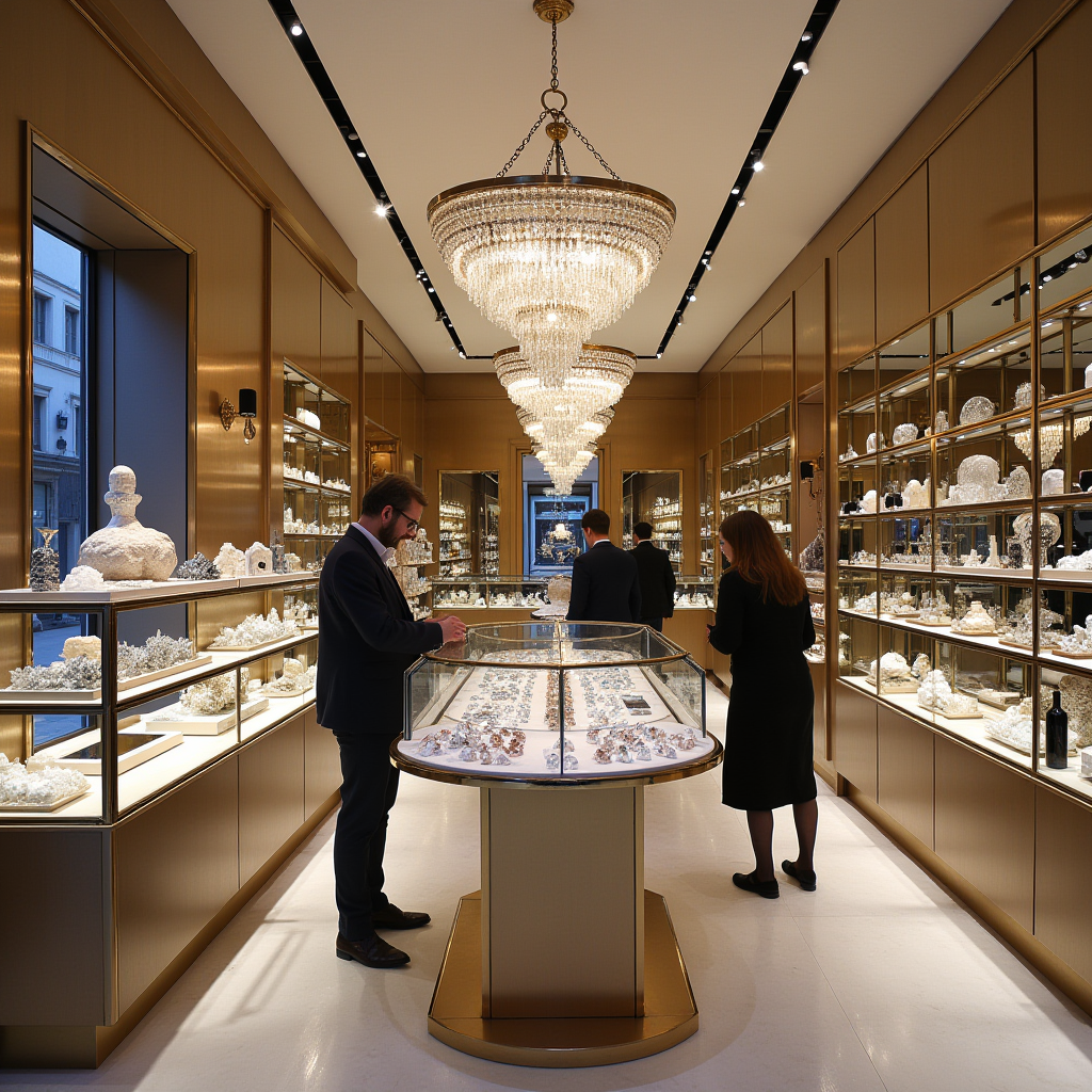 Opulent photo of a luxury crystal shop, displaying rare gemstones