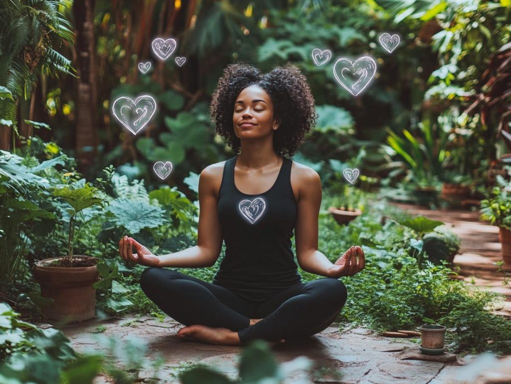 Person meditating in lush garden, healing heart symbols floating around