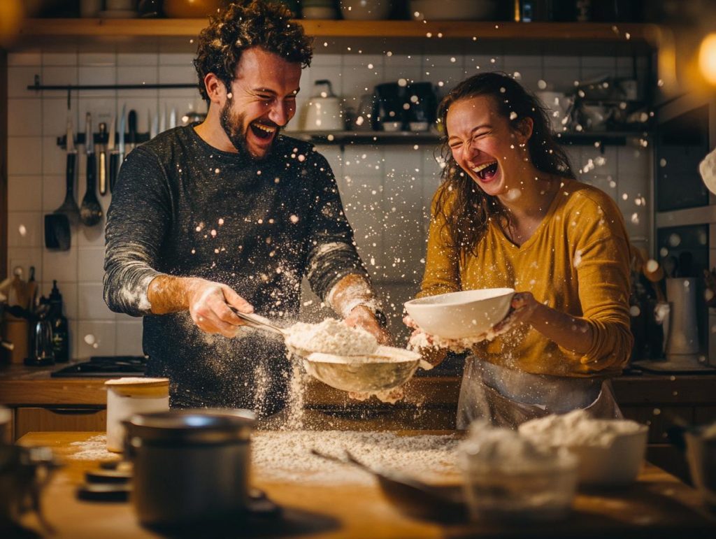 Playful photo of a couple cooking together, splashing flour and laughing, action shot, cozy home