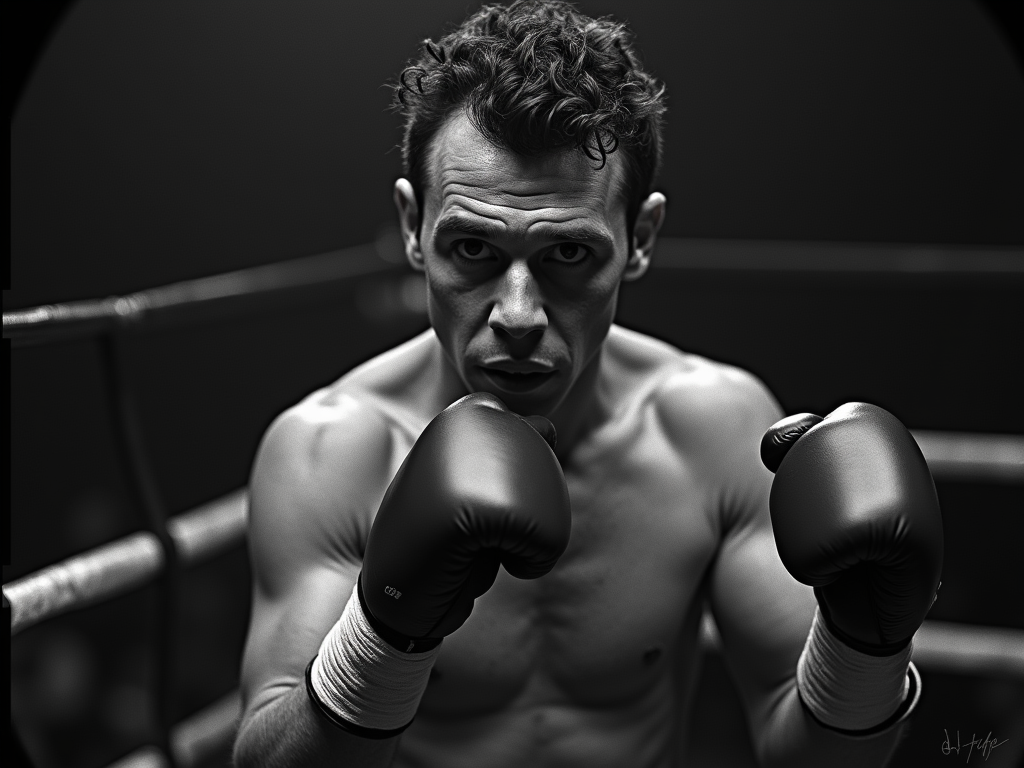 Raw emotion photo of a boxer, intense focus, taped hands, defensive stance, tight headshot