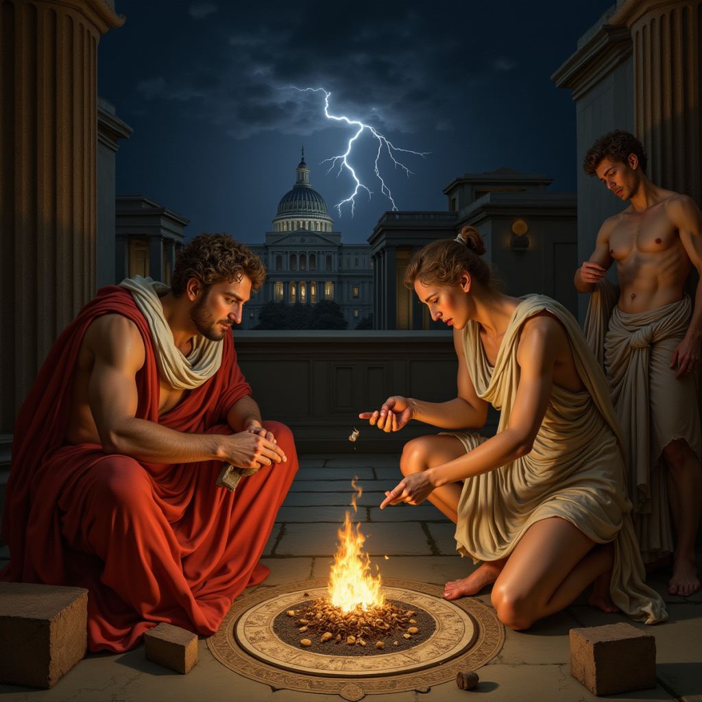 Roman augur examining bird entrails, lightning striking in background, Vestal Virgins tending sacred fire, Senate building visible