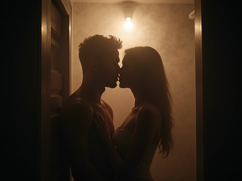 Romantic photo of a couples silhouette in a steamy bathroom, essential oil diffuser