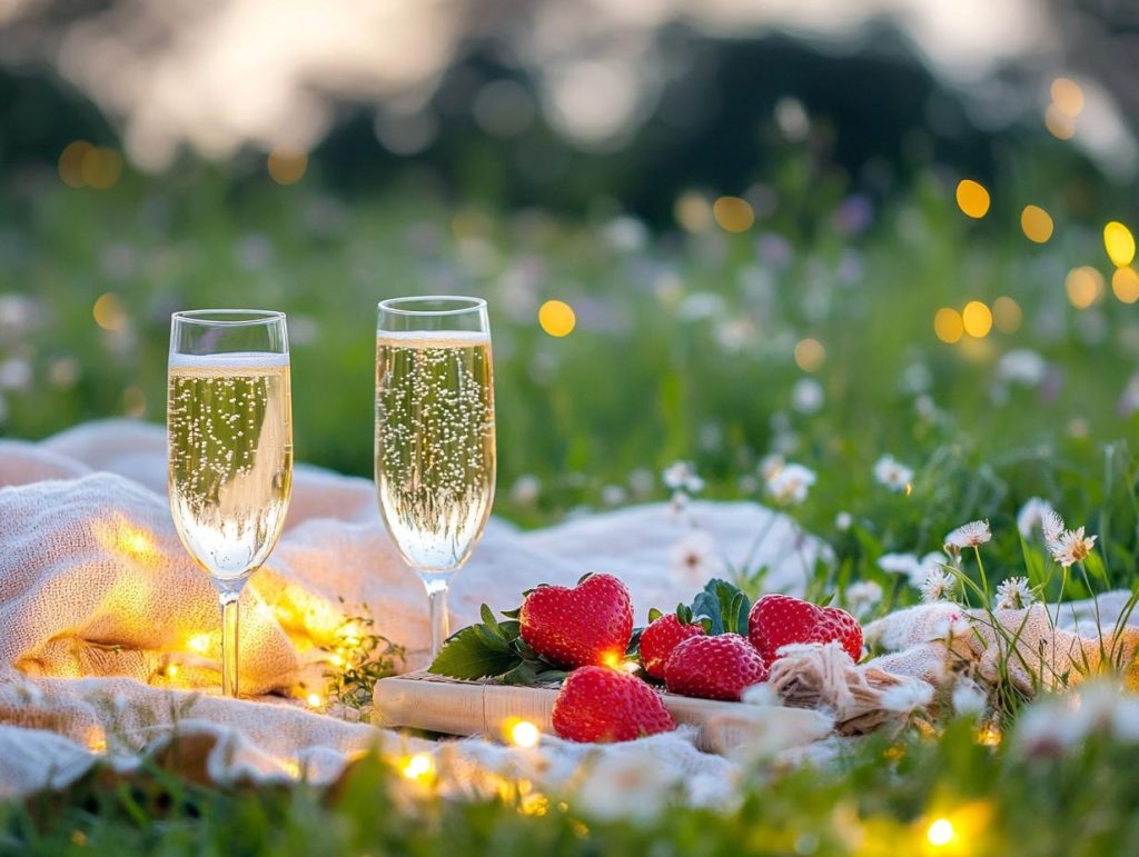 Romantic picnic setup in blooming meadow, soft blanket, champagne glasses