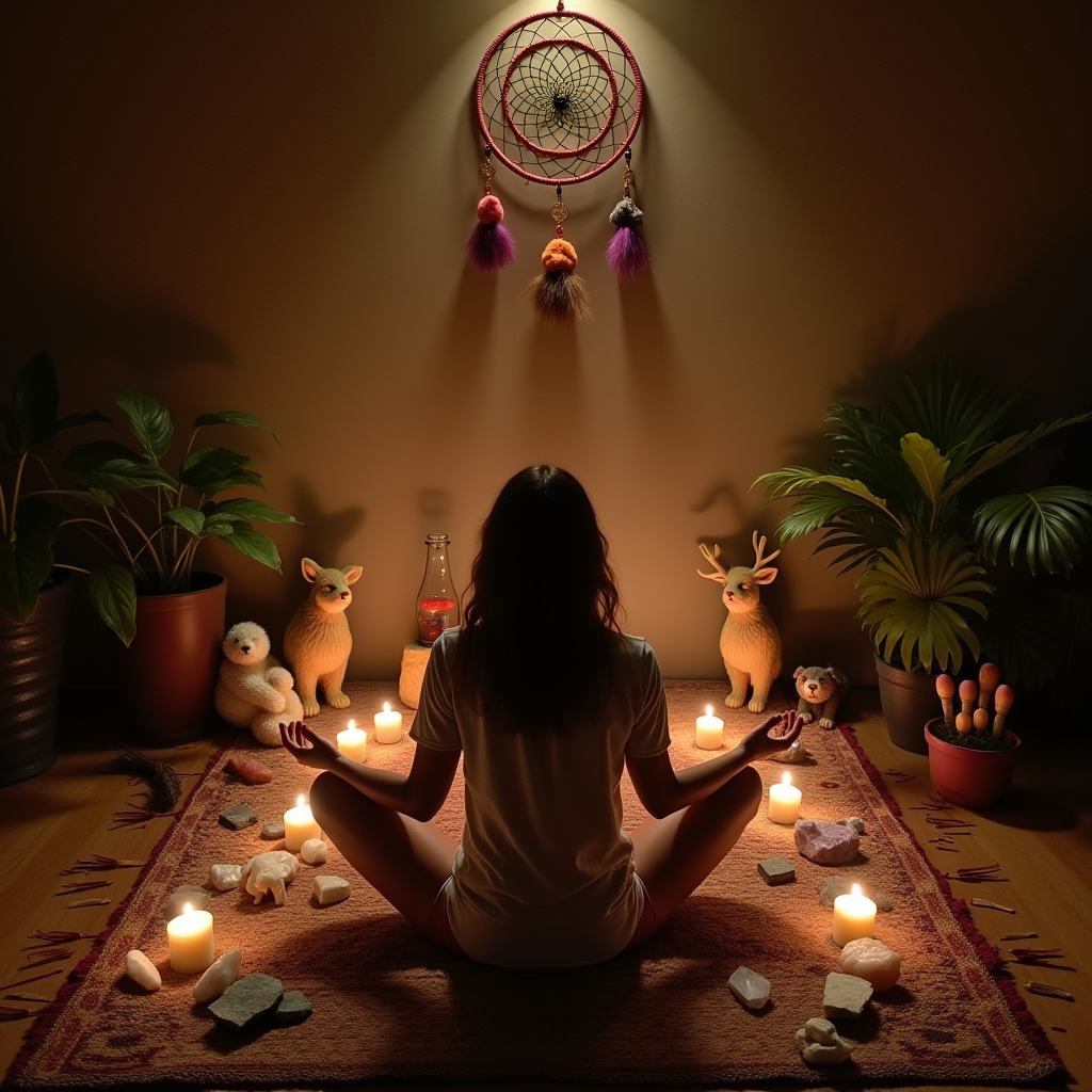 Sacred space with animal totems, crystal grid, burning sage, dreamcatcher, animal figurines, candlelight, person meditating in center