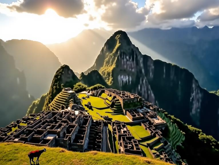 The ancient ruins of Machu Picchu, bathed in golden sunlight, with towering green mountains in the background and a llama grazing in the foreground.