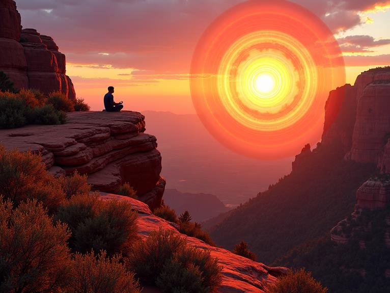 A person meditating on a rocky ledge at sunset, with a glowing, concentric sun and dramatic cliffs in the background.