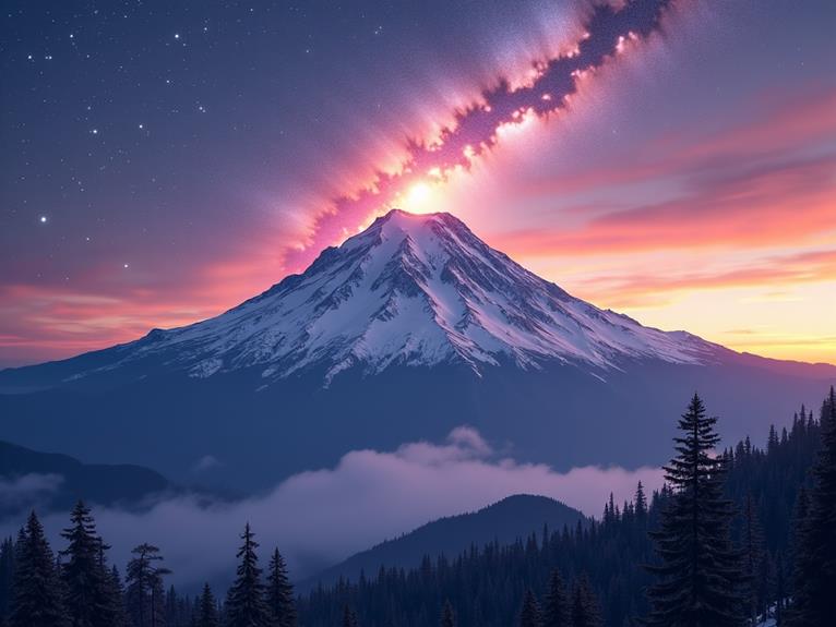 A stunning mountain peak with snow-covered slopes against a dramatic sunset and a streak of stars in the sky.