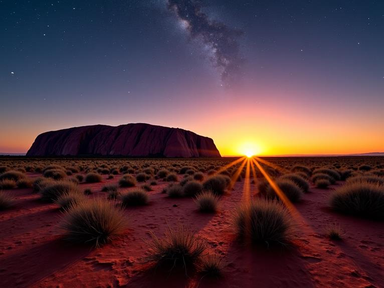 The iconic Uluru rock formation in Australia during sunset, with a starry night sky above and red desert landscape and vegetation in the foreground.