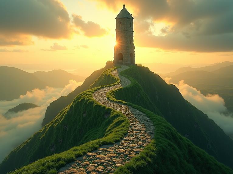 A picturesque pathway winding up to a small stone tower on a green hilltop, with clouds and the setting sun in the background.