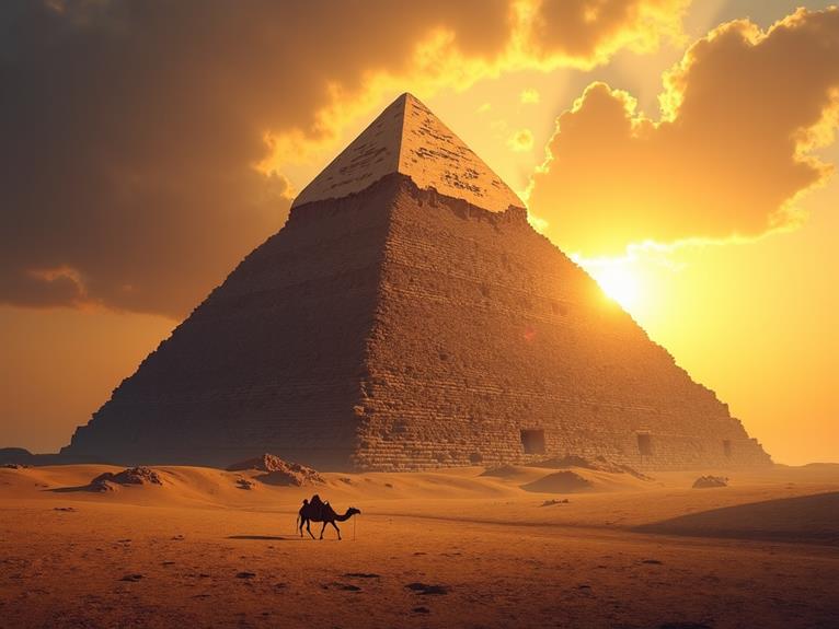 The Great Pyramid of Giza glowing in the sunset, with a camel and its rider walking in the foreground.