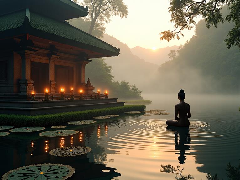 A peaceful serene temple by a misty lake, with a person meditating in the water and candlelight reflections.