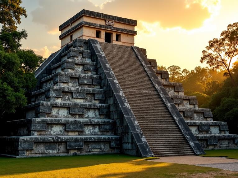 A majestic Mayan pyramid bathed in the light of a setting sun, surrounded by lush trees.