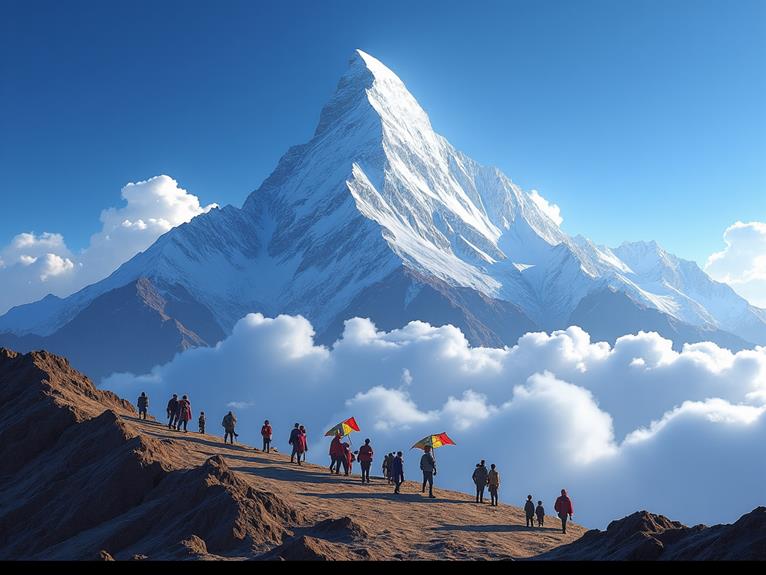 A group of hikers with colorful flags standing on a mountain ridge, surrounded by clouds, with a majestic snow-covered peak in the background.