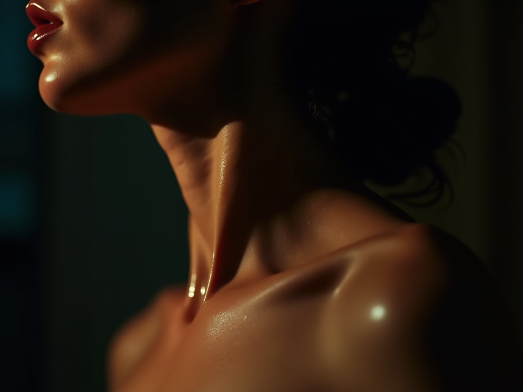 Sensual photo of a persons neck with glistening oil, goosebumps, soft skin texture