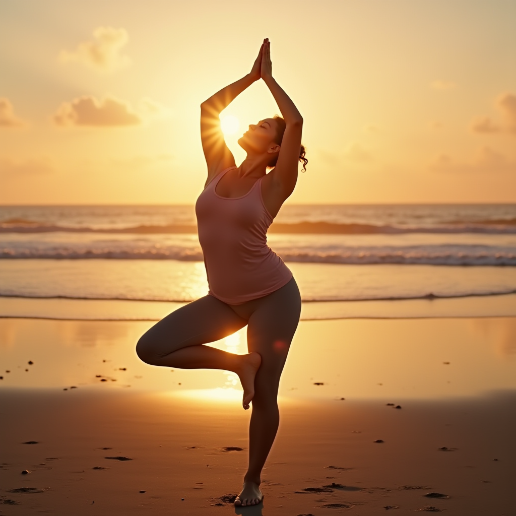 Serene photo of a yoga practitioner, flexible pose, peaceful expression, sunrise salutation