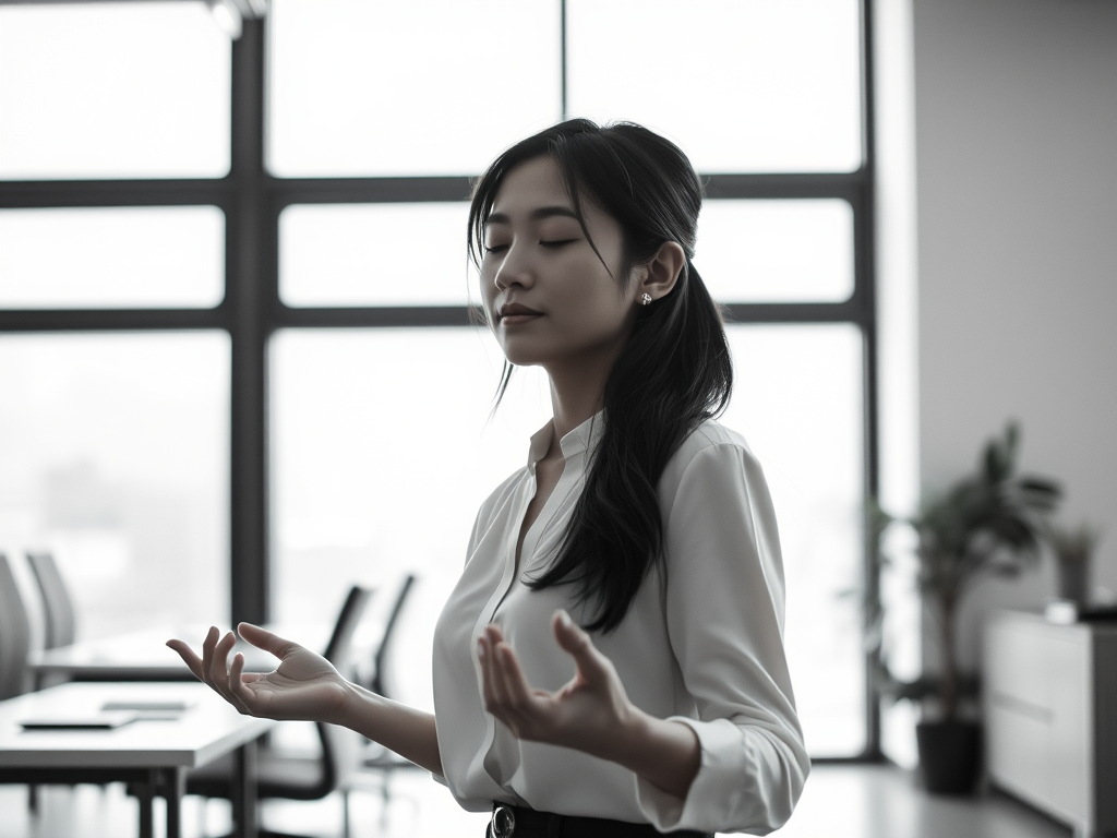 Serene photo of a young professional asian woman meditating in a modern office