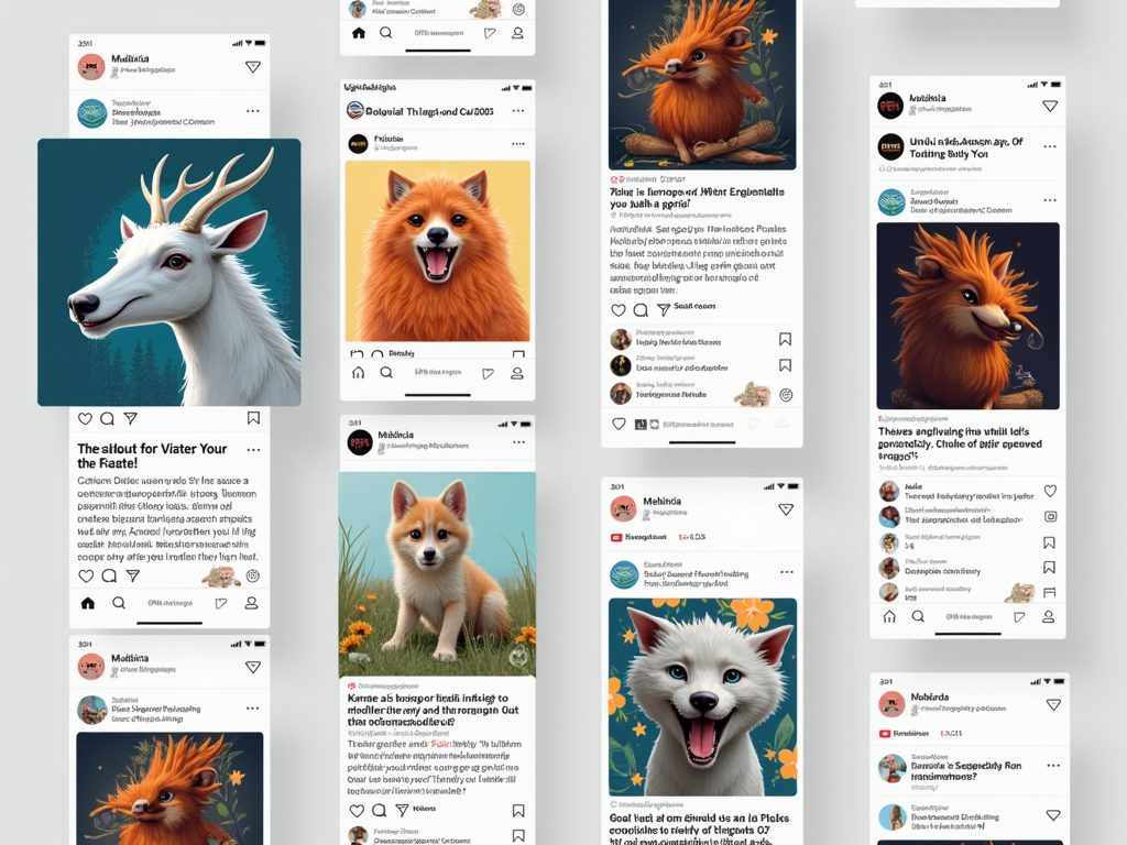 Social media interface displaying trending spirit animal posts, with vibrant digital artwork