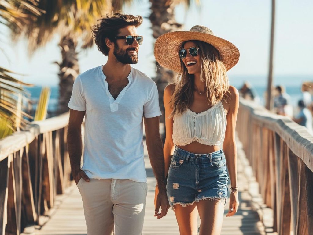 Stylish couple in trendy summer outfits, walking confidently on boardwalk, sun-kissed skin glowing